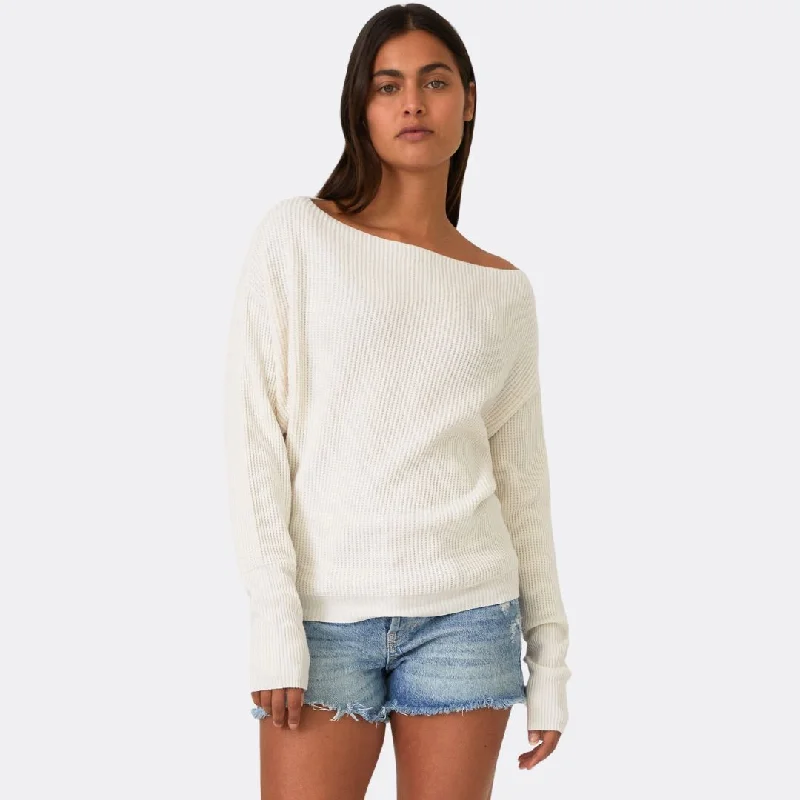 Long Sleeve Waffle Knit Pullover Sweater (Natural) Button Front Sweater