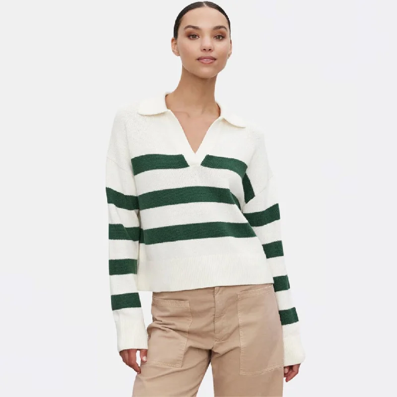 Lucie Cotton Cashmere Pullover (Milk + Forest) Notched Neck Pullover