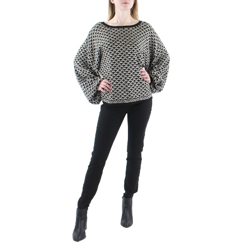 Max Studio Womens Geometric Pattern Balloon Sleeves Pullover Sweater Cashmere Luxurious Pullover