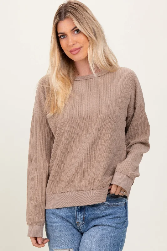 Mocha Ribbed Brushed Knit Pullover Top Long Sleeve Pullover