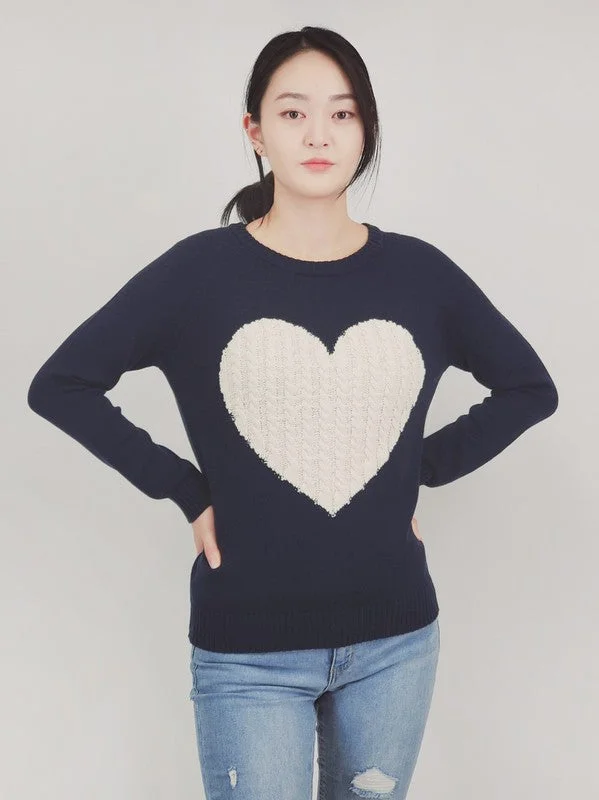 Navy and Ivory Heart Jacquard Round Neck Pullover Sweater Ruffled Neck Pullover