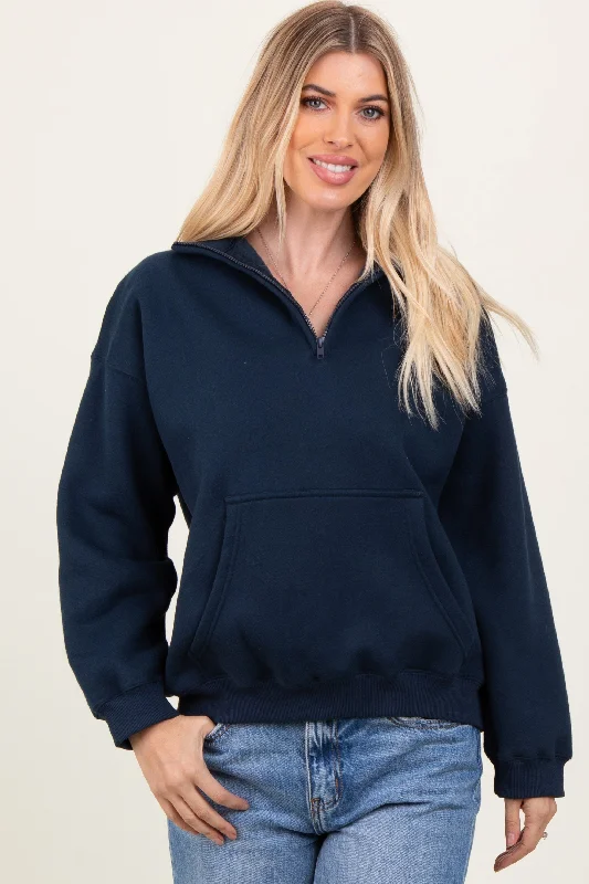 Navy Fleece Oversized Half Zip Pullover dolman Sleeve Top