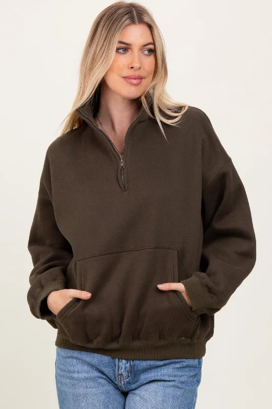 Olive Fleece Oversized Half Zip Pullover Gathered Sleeve Pullover