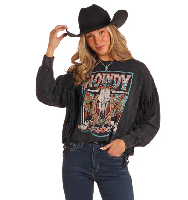 Rock & Roll Cowgirl Women's Black Howdy Cowboy Fringed Long Sleeve Pullover BW91T05401 Hooded Pullover Sweater