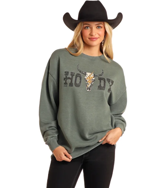 Rock & Roll Cowgirl Women's Teal Howdy Steerhead Oversized Pullover BW91T05409 Boyleg Sleeve Pullover