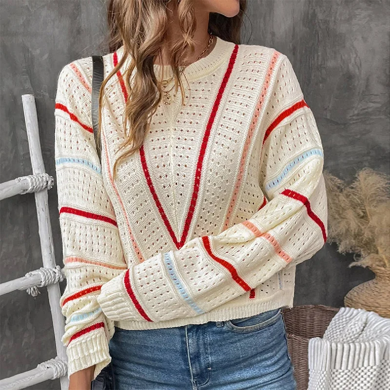 Striped Crewneck Pullover Sweater Wide Sleeve Pullover