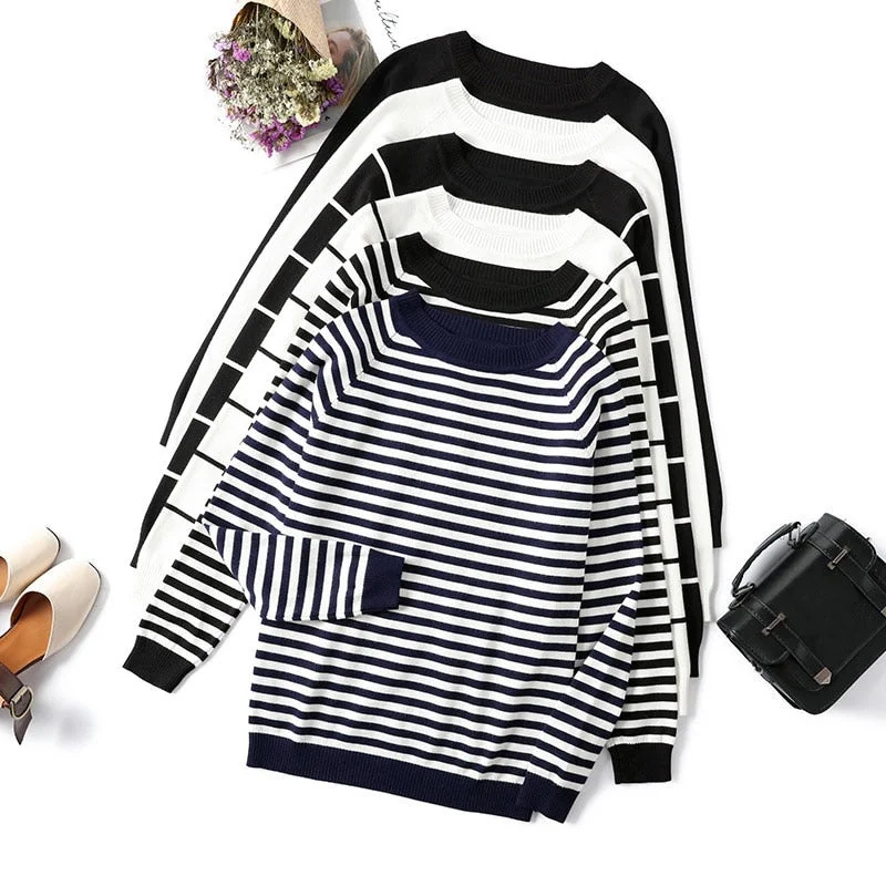 Striped Knitted Long Sleeve Women's Sweater Autumn O-Neck White Black Womens Pullover Sweaters 2019 Winter Casual Jumper Ladies Long Bell Sleeve