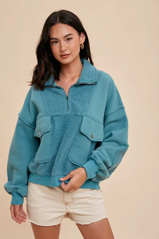 Teal Contrast Reversed Fleece 1/4 Zip Pullover Halter Neck Top