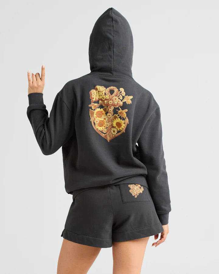 THE MAD HUEYS SUNFLOWER ANCHOR WOMENS PULLOVER VINTAGE BLACK Square Neck Pullover
