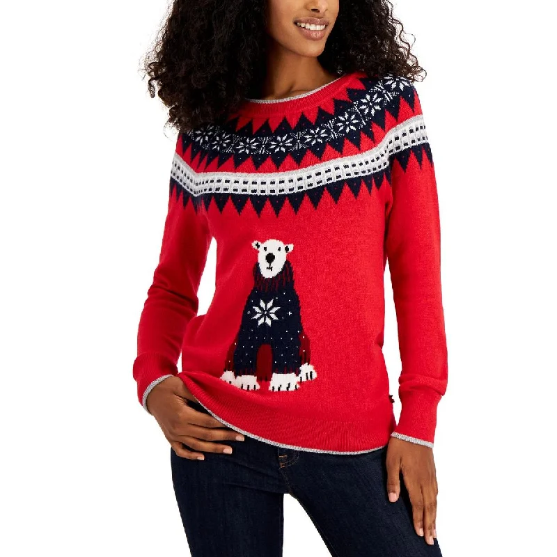 Tommy Hilfiger Womens Bear Fairisle Knit Pullover Sweater Lapel Neck Sweater