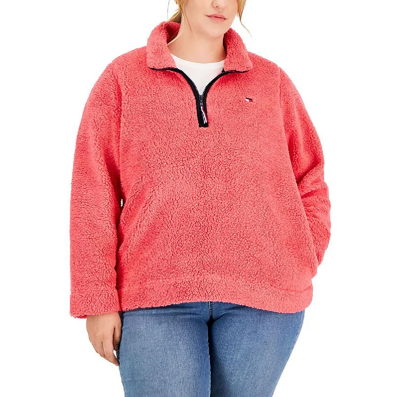 Tommy Hilfiger Womens Plus Sherpa Long Sleeve 3/4 Zip Pullover Plunging Neck Pullover