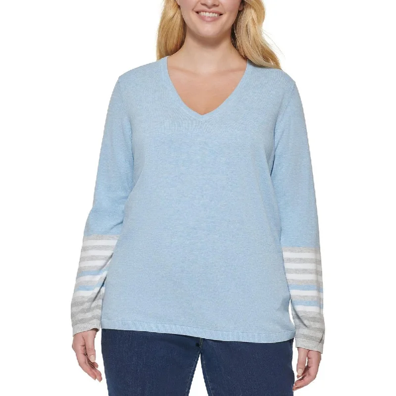 Tommy Hilfiger Womens Plus V-Neck Striped Pullover Sweater High Neck Pullover