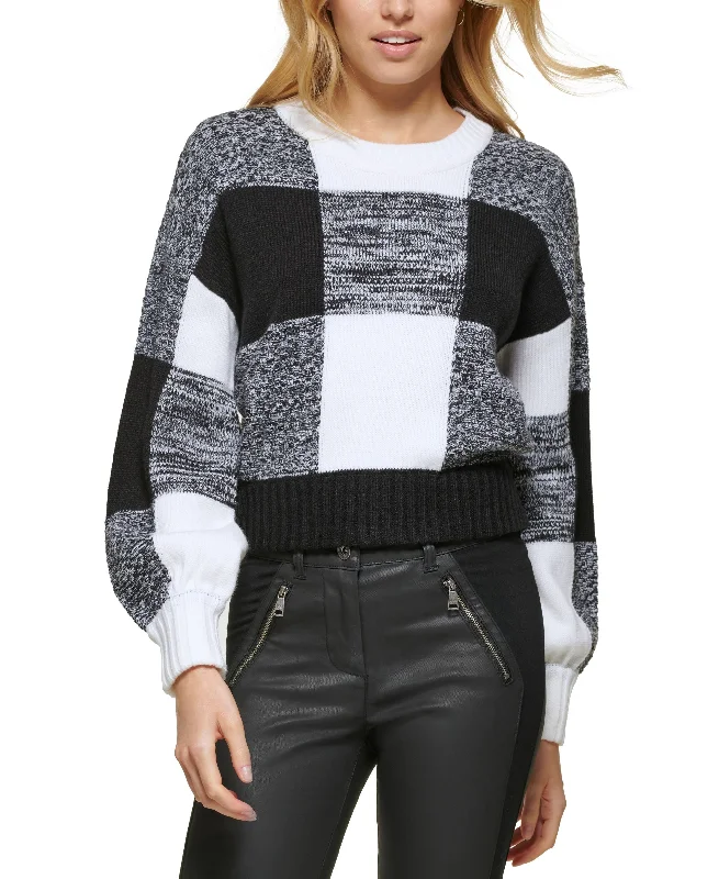 Women's Box Plaid Long-Sleeve Pullover Sweater Puff Sleeve Stylish