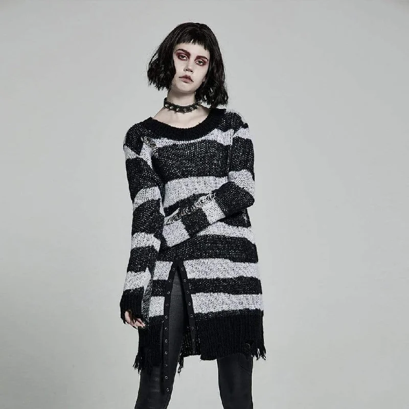 Women's Punk Loose Ripped Striped Knitted Pullover Sweater Alpaca Blend Soft
