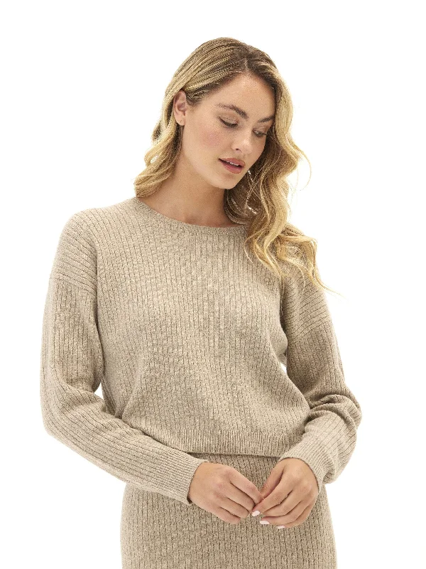 Yvonne Cozy Rib Pullover Sweater Ruffle Sleeve Feminine
