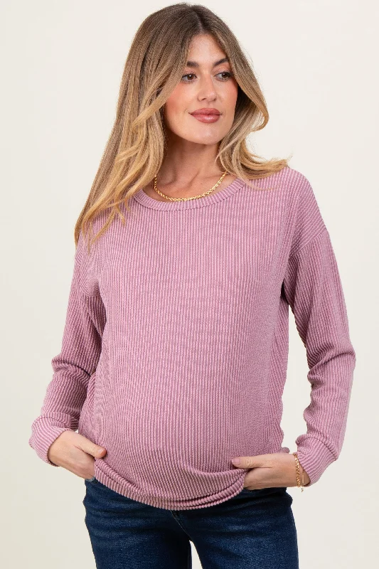 Mauve Ribbed Long Sleeve Maternity Pullover Top