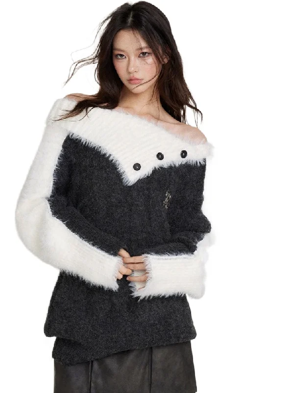 Wool Patchwork Asymmetrical Shoulder Pullover Sweater